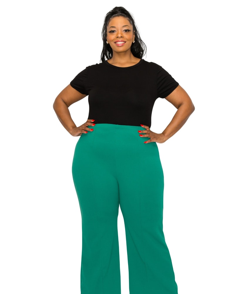 Front of a model wearing a size 2X Blake Pintuck Pants in Kelly Green by L I V D. | dia_product_style_image_id:274918